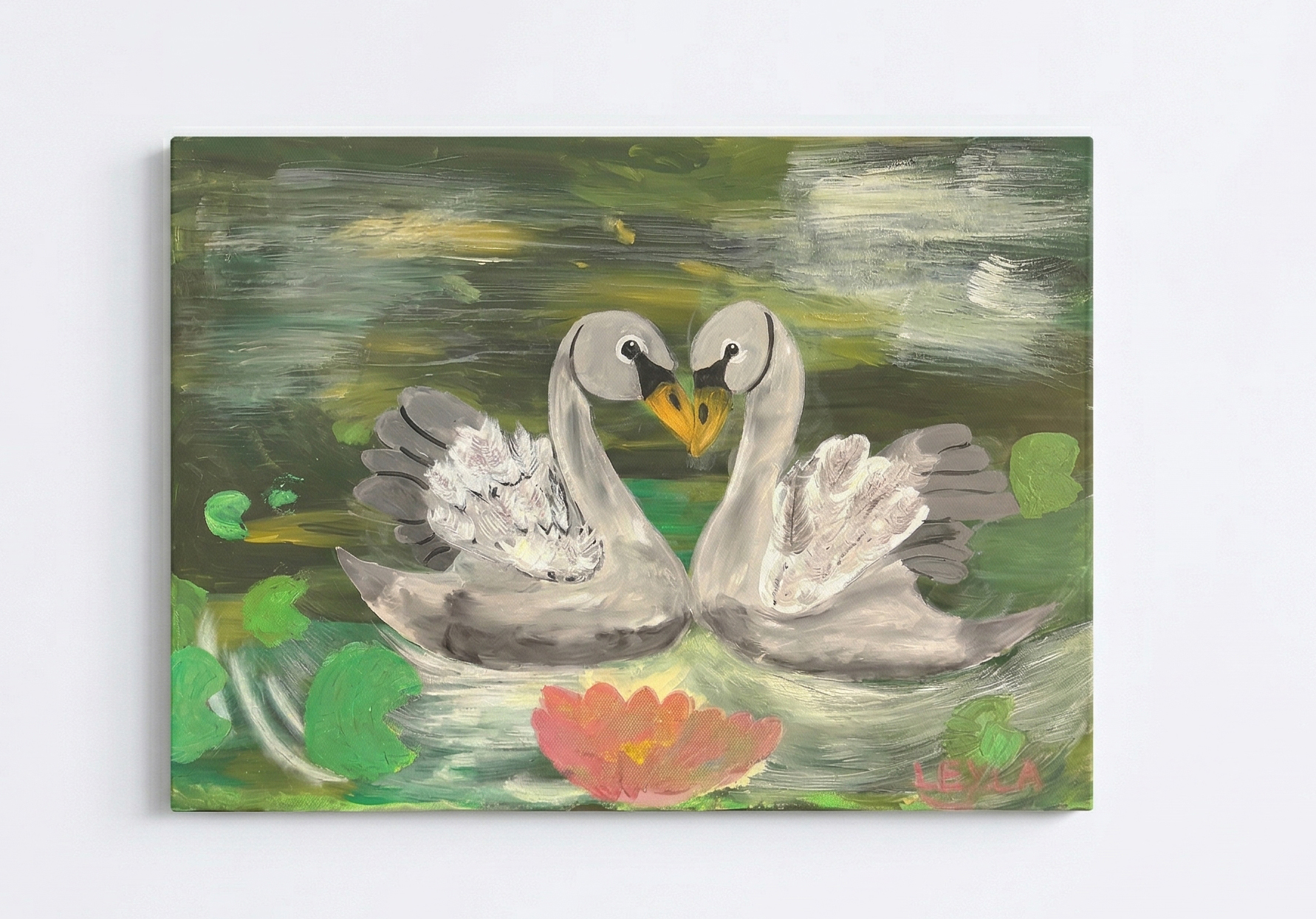 Schw&auml;ne am See — Acrylmalerei von Leyla Busch